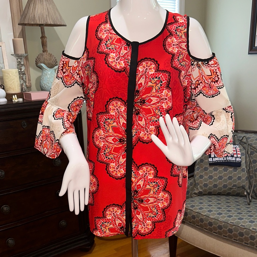 Chico's Red and Black Floral Blouse